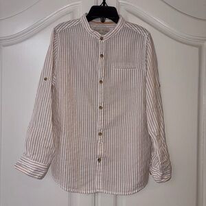 Striped Mandarin Collar Shirt - White with Camel Tan Stripes
